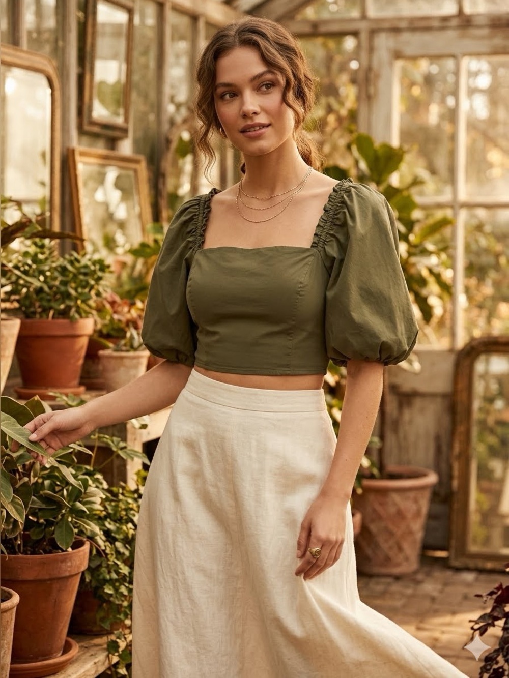 Jason Wu Cottagecore Romantic Feminine Peasant Luxury Olive PuffSleeveBlouse SzL
